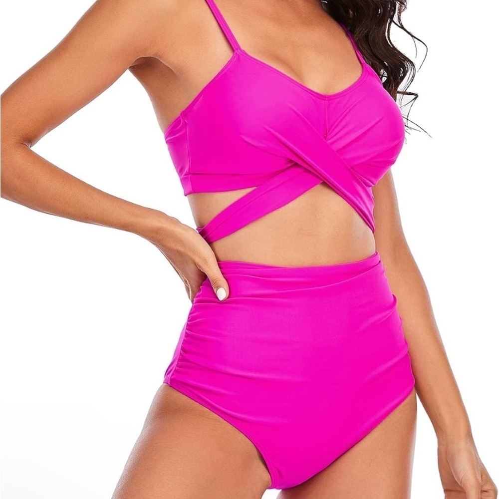 Vibrant Pink or Black Two-Piece Swimsuit High Waist Push up